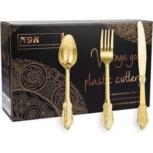 300pcs Gold Plastic Silverware Dinnerware Flatware- Heavyweight Gold Plastic